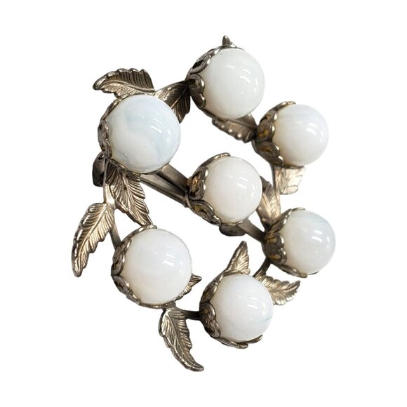 Vtg Milk Glass Floral Wreath Brooch Opalescent White Glass Pearls and Leaves - Picture 2 of 7